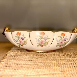 Vintage Abingdon USA Floral Ceramic Serving Bowl w/ Gold Handles – 14”